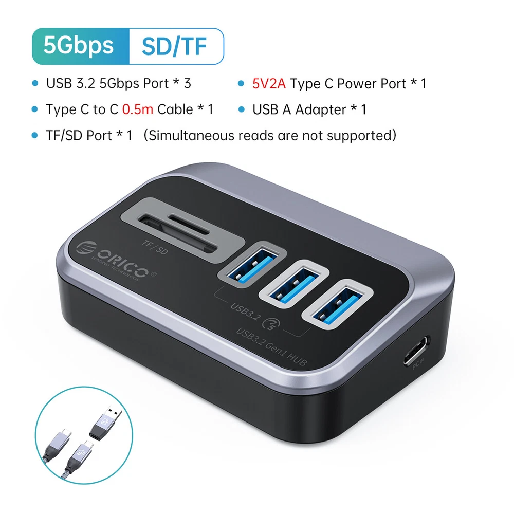 ORICO 4-Port USB 3.0 Hub with 1.64ft USB-C Cable and USB-A Adapter  