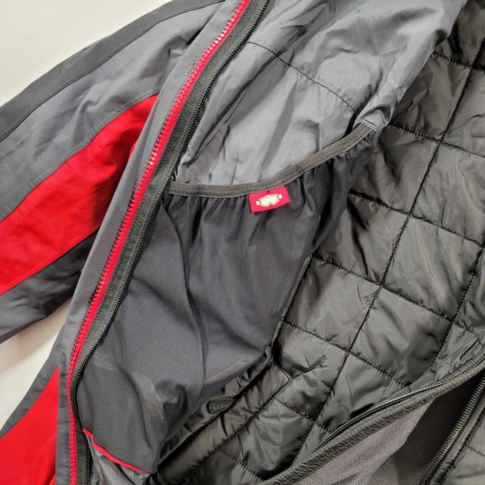 LL Bean 3 in 1 Jacket Mens Large Red Grey Inner Quilted Fleece Puffer Hoody Ski