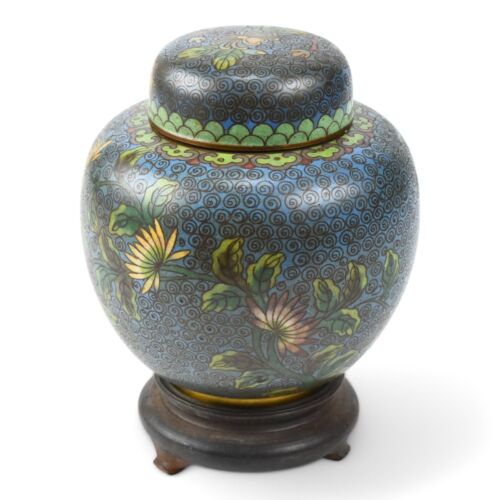 Antique Chinese Cloisonne Ginger Jar on Wood Stand