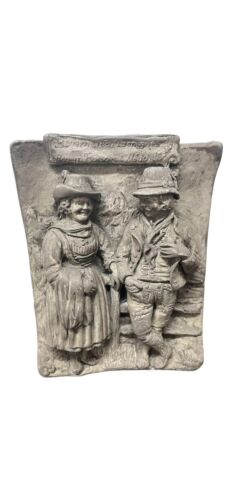 Antique 1880 Lenggries Bawaria Chłopak i dziewczyna Ciężka cyna Dekoracja ścienna - Zdjęcie 1 z 23