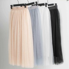 Damen Tüll Netz Voller Rock Maxi Lang Kleid 3 Schichten Plissiert Groß Swing