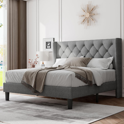 #ad Full Size Bed Frame with Upholstered Wingback Headboard Platform Bed and Heavy $243.99
