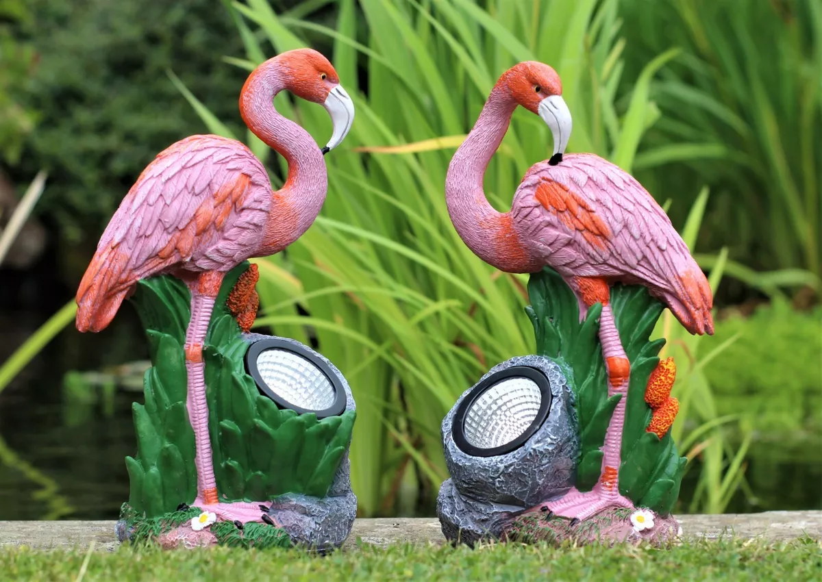 Garden Ornaments Flamingo Solar Powered Flamingos Light Up LED Decor 27 cm Tall