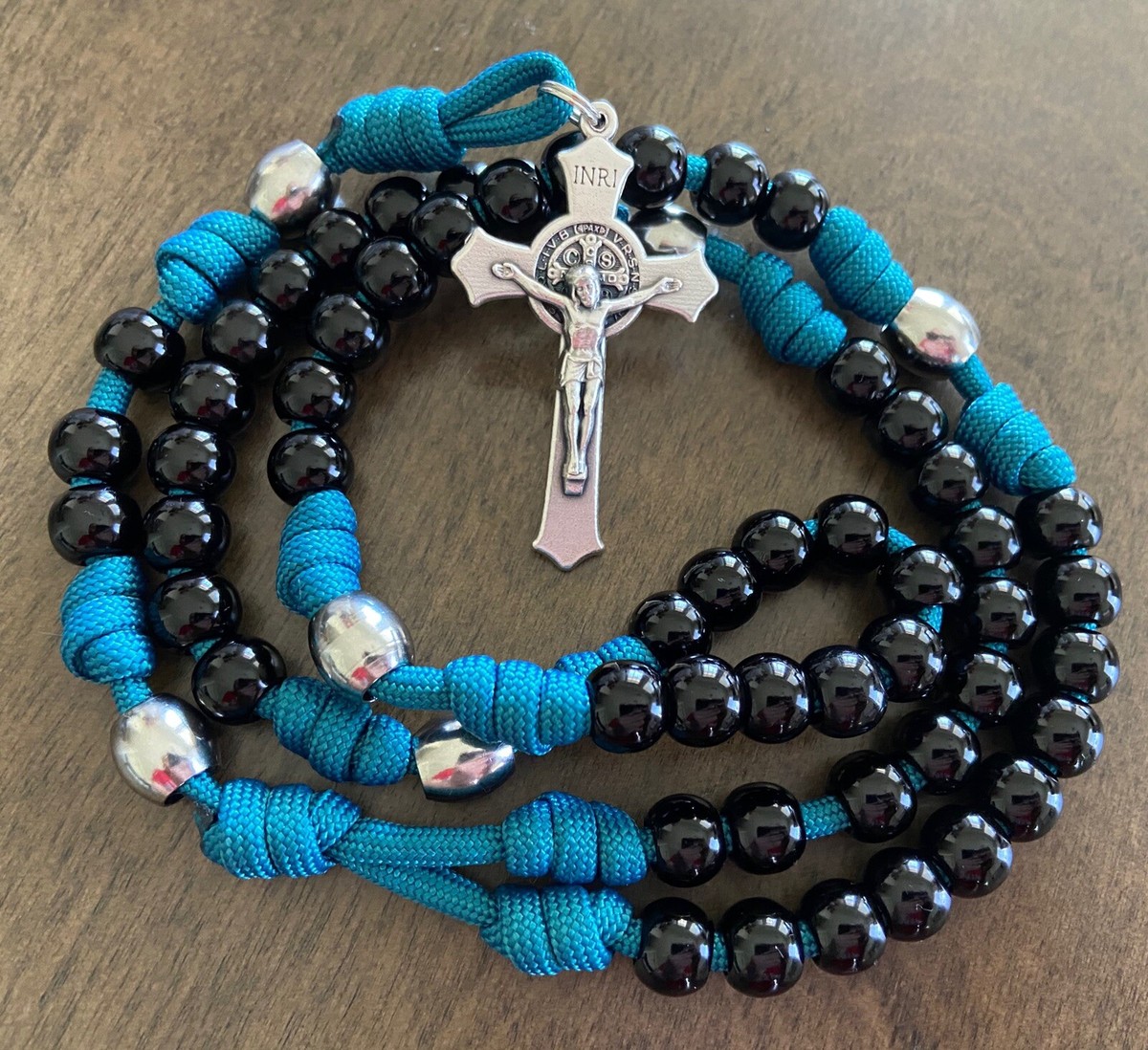 Paracord Rosary, Stainless steel/Black Beads Catholic Rosary,  Rugged—Handmade