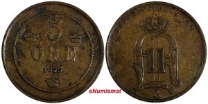 Sweden Oscar II Bronze 1875 5 Öre small letters Mintage-608,500 KM# 736 (17 926)