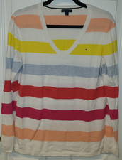 Tommy Hilfiger Multi-Color Striped Sweater Size Lg Vneck Preppy Rich Girl