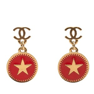Authentic Chanel CC Gold Plated Enamel Star Dangling Push Back Earrings Pre-Loved Costume