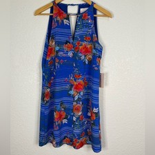 Charles Henry Blue Floral Sleeveless Midi Dress Tropical Summer Beach Vacation