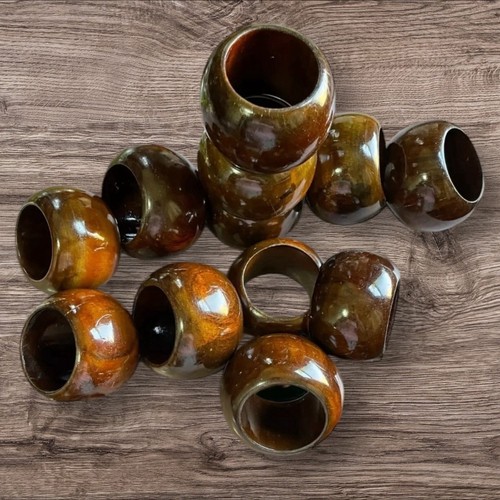 Vintage Wooden Napkins Rings Holder Set Of 12 Dark Brown Shiny Glossy Round MCM - Picture 4 of 5