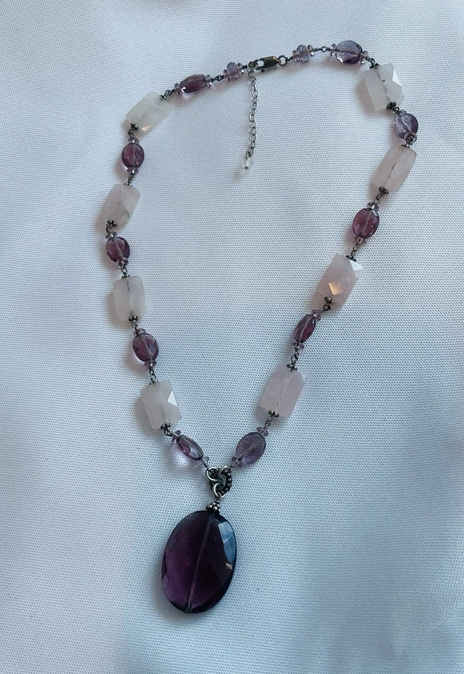 Colar pingente de contas de ametista esterlina e quartzo rosa 0,925 16"" - Imagem 3 de 4