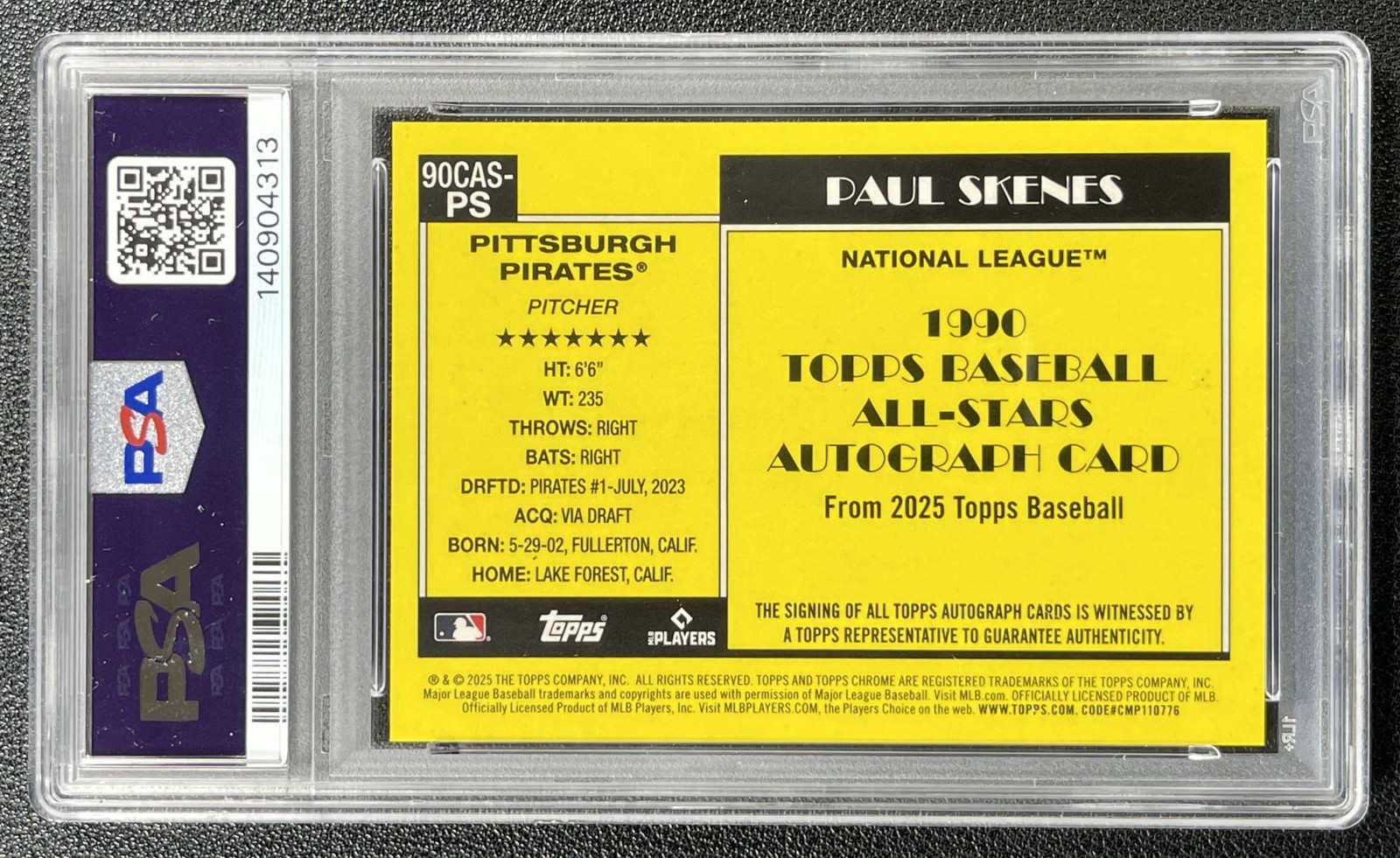 PAUL SKENES PSA 10 2025 TOPPS 1990 CHROME SILVER ALL STARS AUTO ORANGE 18/25 view 2