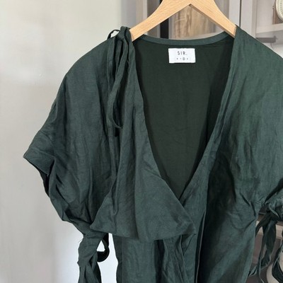 SIR. The Label Linen Green Mini Wrap Dress 2 Tie Cap Sleeve V-Neck Ruffle |  eBay