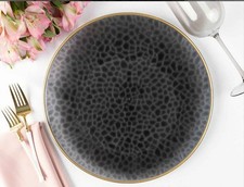 13" Inch Round Plastic Charger Plates Hammered Translucent Black Gold Rim 48 pcs