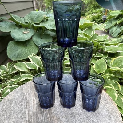 Vintage Libbey Duratuff 5  12oz Glasses Paneled Gibraltar  Dusky Blue Set of 6