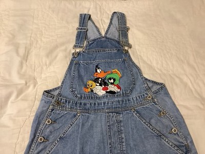 Vintage 90 s Warner Bros Looney Toons Denim Overalls Embroidered Characters Sz S