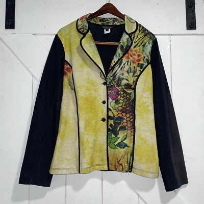 Citron Santa Monica Women s Large Long Sleeve Button Down Top Tunic Floral Artsy