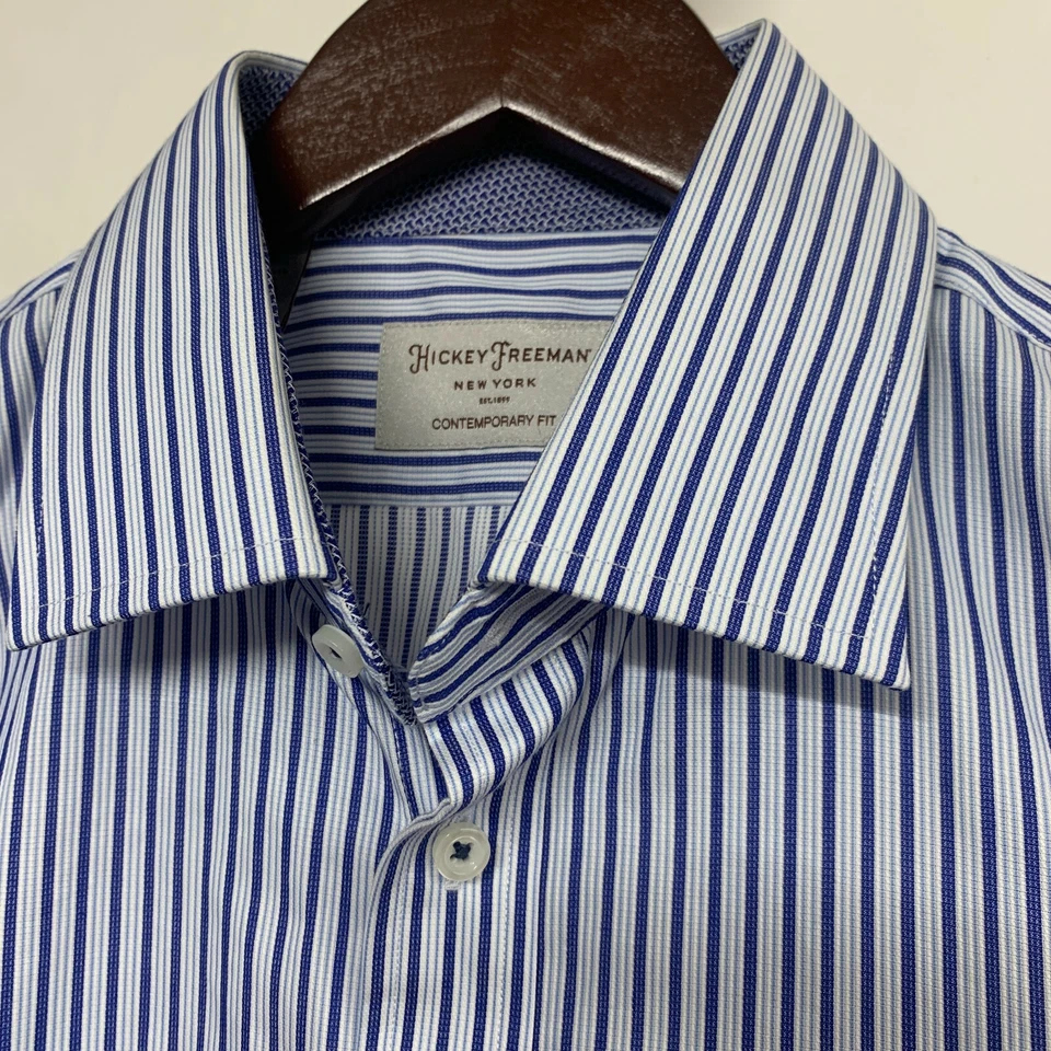 RECENT Hickey Freeman White Blue striped Button Down Dress Shirt mens 16 - 36/37 — 第 3/4 张图片