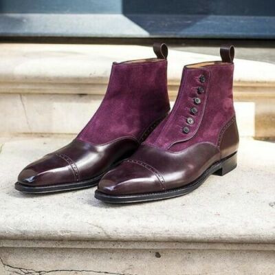 Two tone button boots for mens, Burgundy and brown leather button
