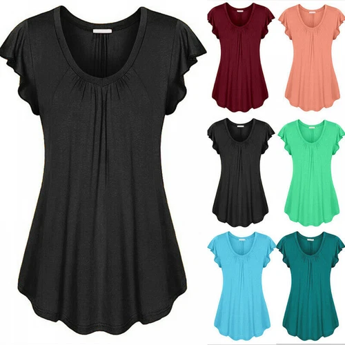 Summer Solid Women Casual Crew Neck T Shirt Tunic Short Sleeve Blouse Loose Tops - Picture 1 of 22