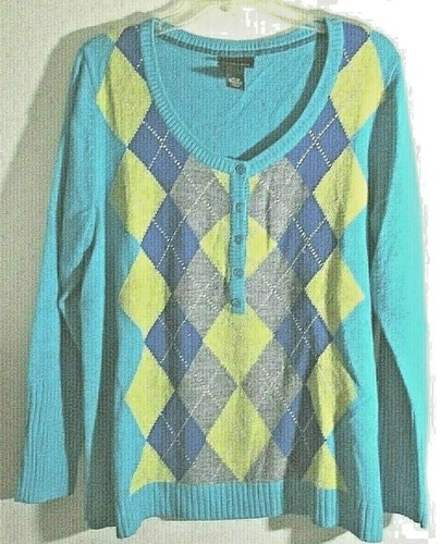 Lane Bryant Argyle 5 Button LG Sleeve Sweater 18/20 Teal Gray Blue Yellow - Picture 5 of 5