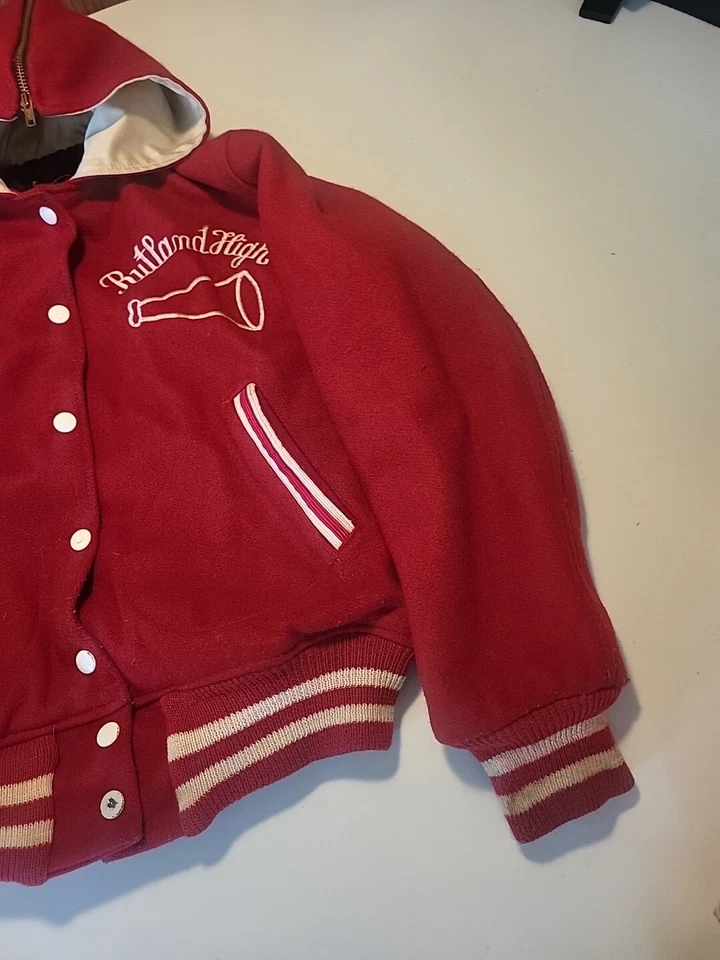 CHAQUETA UNIVERSITARIA de lana vintage años 80 capucha dividida a presión S/M MUJER LETTERMAN ROJO Foto 3 de 4