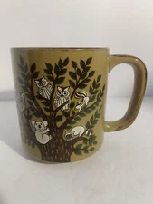 Vintage Mug Owls Koala Squirrel Chipmunk Raccoon Up In A Tree Speckled Stoneware