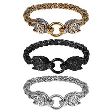 Men's Viking Nordic Wolf Head Bracelet Stainless Steel Byzantine Chain for Gift