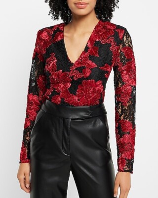 NWT Express Ruby red and black lace floral embroidered thong bodysuit Sz S