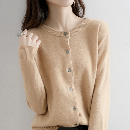 Women's Cashmere Blend Sweater Solid Color Crew Neck Button Cardigan Jacket Coat - Bild 6 von 23