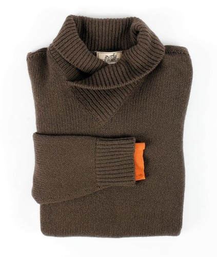Hermes "Double Cuffs" 100% Cashmere Shawl Collar sweater - Brown M $2650 Retail