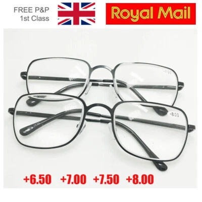 High Power Reading Glasses +6.50 +7.00 +7.50 +8.00 Black Metal Frames Eyewear