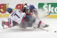 Rick Nash is taken down by Martin Strbak Lubomir Visnovsky o- Ice Hockey Photo