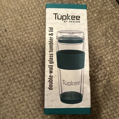 Tupkee Double Wall Glass Tumbler - 14-Ounce, All Glass Travel Mug & Lid - Cyan