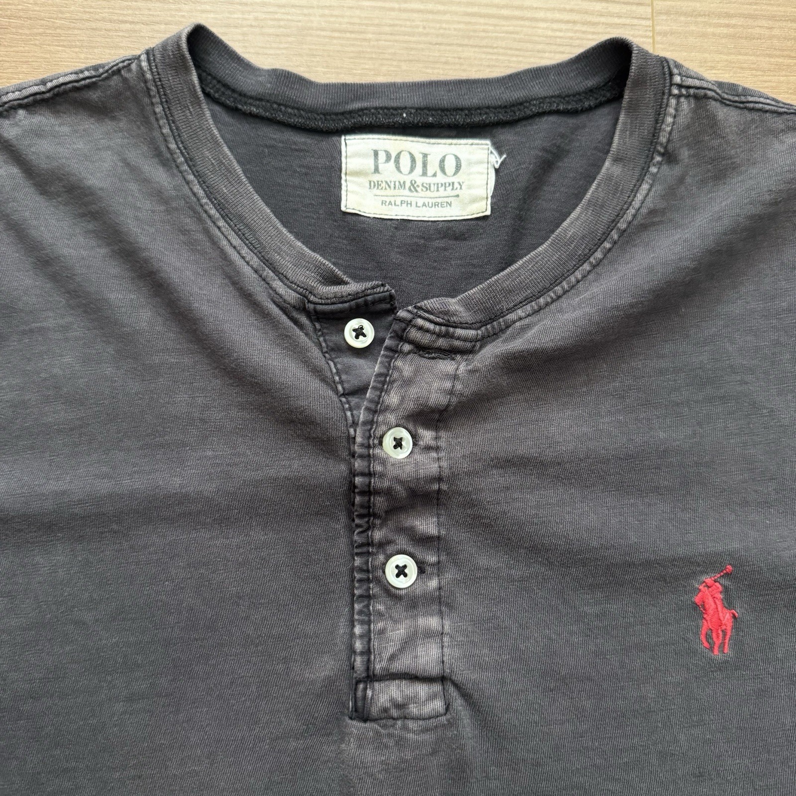 VTG Polo Denim & Supply Ralph Lauren Henley T-Shirt Faded Black Sz L Soft Cotton thumbnail 3