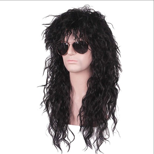 Rock Star Punk Black Mens Wig Costume Music Band Long Curly Hair Fancy 80s Disco - Picture 2 of 2