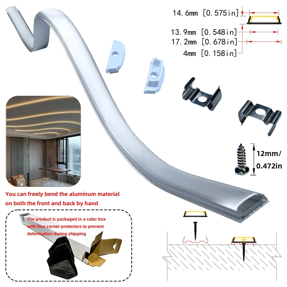 Curved LED Aluminum Channel 17x4 Clip Mount Under Cabinet for 5 8 12mm 2835 COB - image 3 of 4