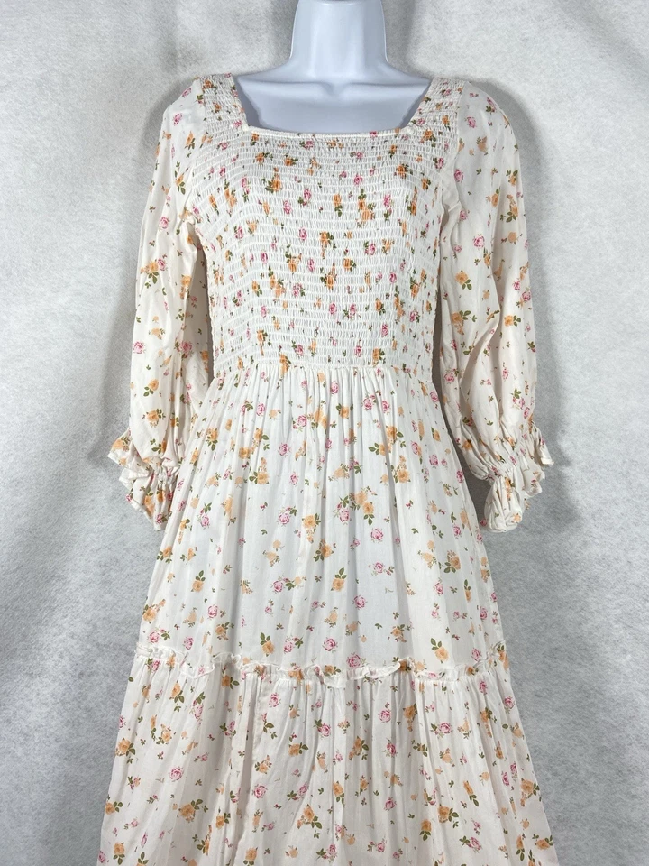 Jessakae Dress Women’s Small White Orange Tiered Long Sleeves Smocked Floral - Image 2 of 4