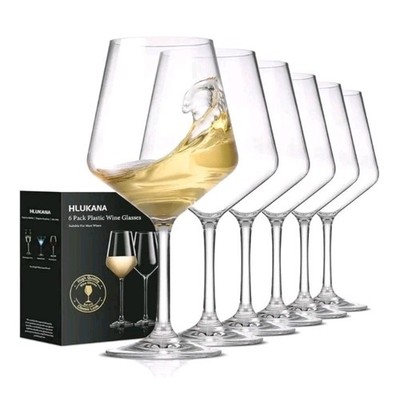 Hlukana Set of 6 Unbreakable 16oz Plastic Wine Glasses with Stems, BPA-Free 