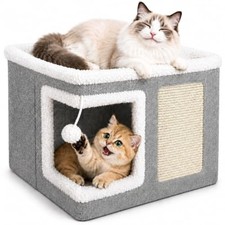Cat Beds for Indoor Cats - Cat House Cave with Fluffy Ball and Scratch Pad, F...