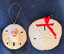 2 Piece Vintage Sand Dollar 4 5" Christmas Tree Ornament. Santa Claus
