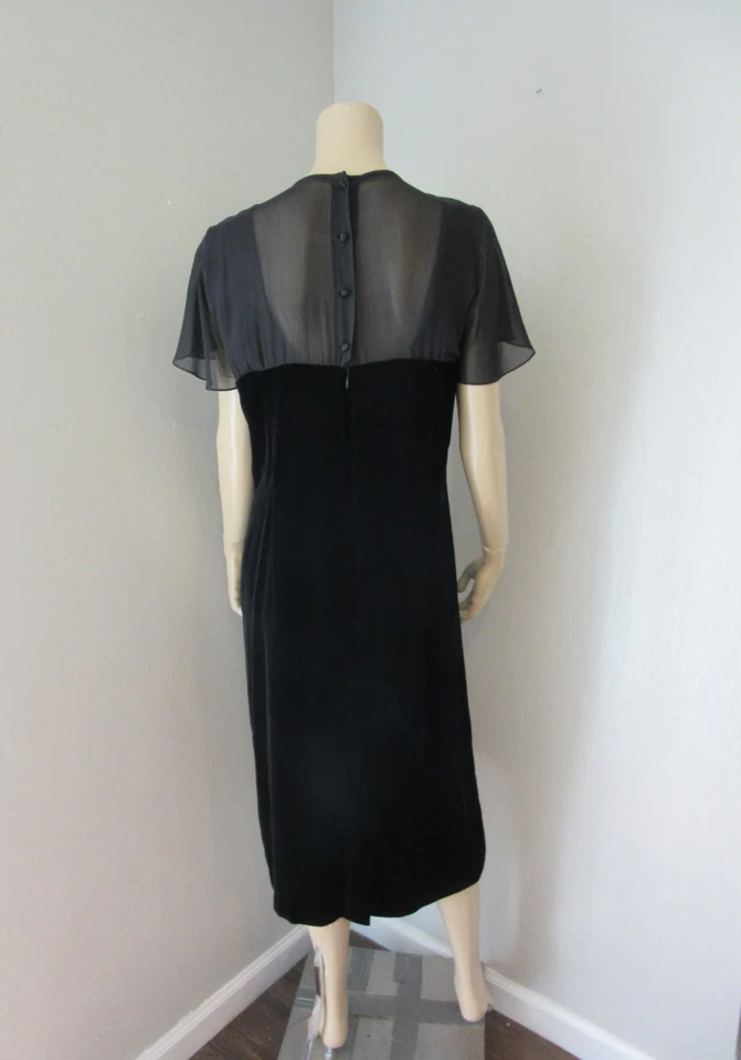 CHARTER CLUB Black Short Sleeve Size 14 Velour & Sheer Evening Midi Dress - Image 3 of 4