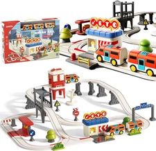 City Train Track Playset w/ 2 Electric Train Locomotives 2 Carriages for Kids