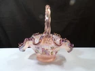 Fenton Hand Painted Champagne Iridescent Glass Candy Ribbon Basket - Hummingbird