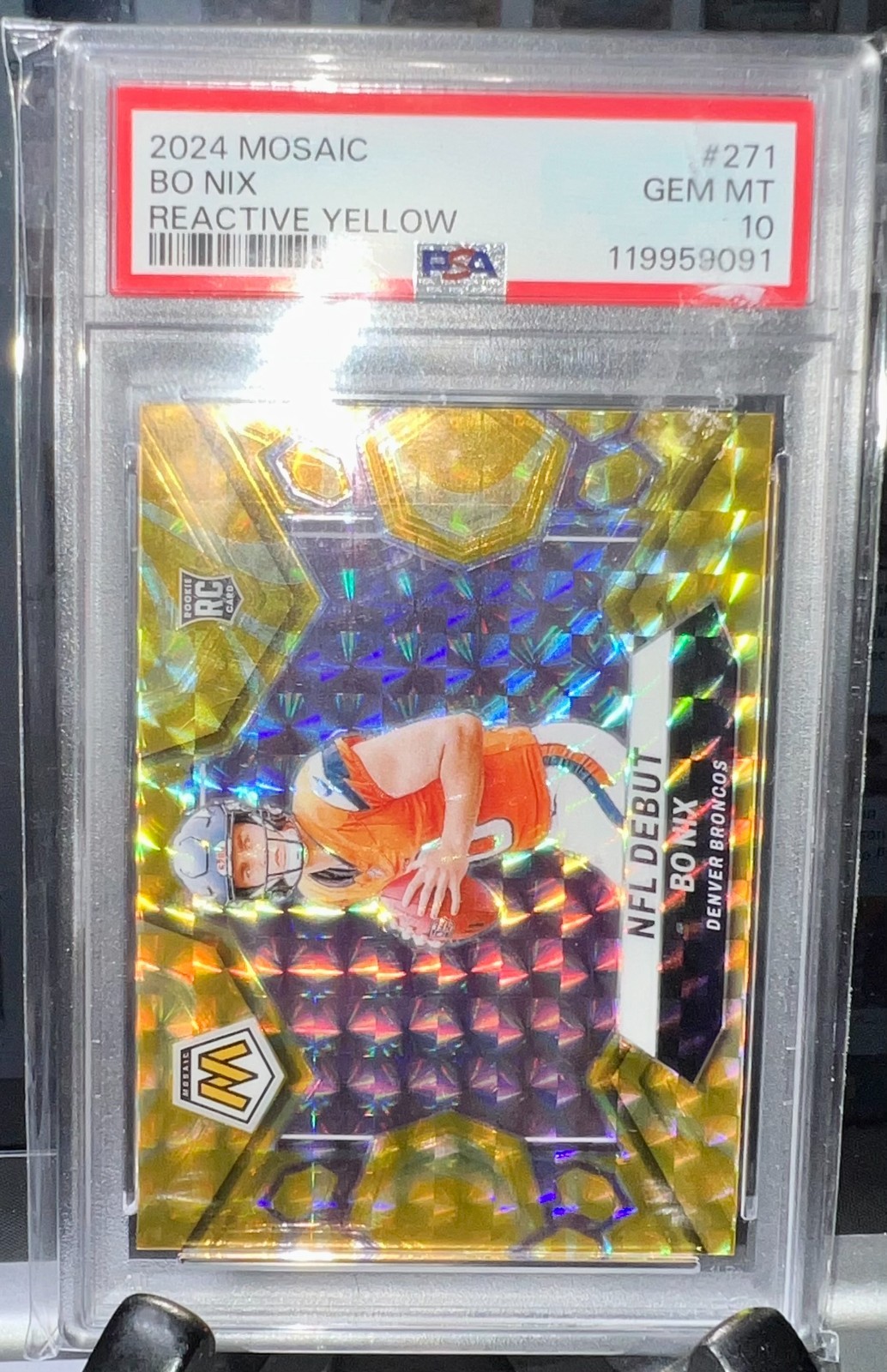 Bo Nix (RC) PSA 10 2024 NFL Mosaic - NFL Debut #271 Reactive Yellow Mosaic Prizm