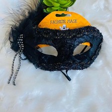 Black Feathered Fashion Mask with Beaded Details