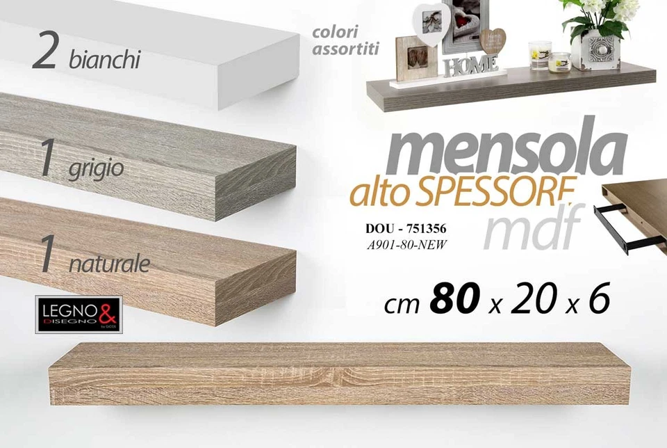 MENSOLA DA PARETE ALTO SPESSORE MODERNA LEGNO CLASSICO COLOR 80*20*6CM - Immagine 4 di 4