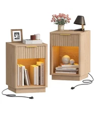 Fluted Nightstands Set of 2, Wooden Night Stand with Charging Station and Lig...