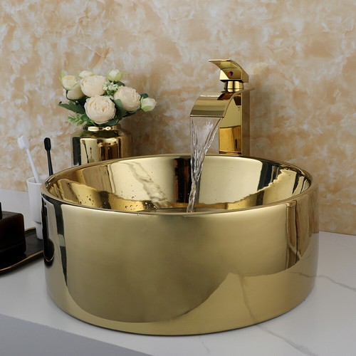 Bathroom Ceramic Basin Bowl Vanity Vessel Sink Mixer Golden Brass Faucet Drain - 第 1/9 張圖片