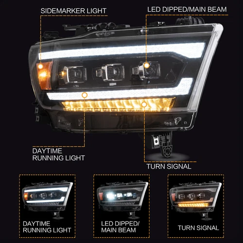 VLAND Amber LED Headlights For Dodge Ram 1500 2019-2023 2024 W/Sequential L+R - Picture 4 of 14
