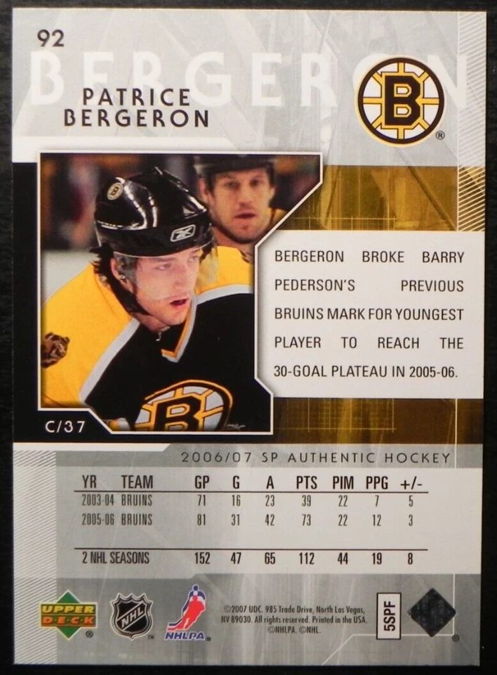 2006-07 06/07 SP Authentic #92 Patrice Bergeron Boston Bruins - Image 2 of 2
